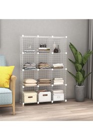 Resim hodbehod 12 Bölmeli Beyaz Renk Metal Tel Portatif Organizer Oyuncak Dolabı Kitaplık Raf Elbise Dolabı 