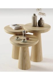 Resim Simillo Home&Living Wood Wooden 3’lü Set Fitilli Mantar Yan Sehpa Modern Ahşap Renk Vernikli Fiskos 