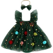 Resim Kızlar İçin Noel Tulum Elbise - Zil Detaylı, Metalik Altın Vurgular, Koyu Yeşil Body, Eşleşen Saç Bandı - Kolay Bebek Değiştirme, Parti ve Günlük Kullanım, Makinede Yıkanabilir Kız Kıyafeti, Şık Tasarım, Rahat Kesim, Bayramlık Body, Moda 