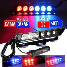 Resim ŞüsCarOto Aksesuar S6 Cam Içi Vantuzlu Polis Çakar 6 Ledli Kırmızı Mavi 12 Mod Çakmaklık Girişli 