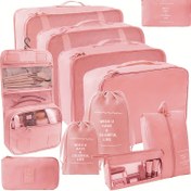 Resim 7 Parça Pembe Seyahat Düzenleyici Set - İlham Veren Alıntılarla Dayanıklı Polyester Paketleme Küpleri, Giysi, İç Çamaşırı, Ayakkabı, Kozmetik & Tuvalet Çantaları İçerir, Verimli & Şık Depolama İçin 