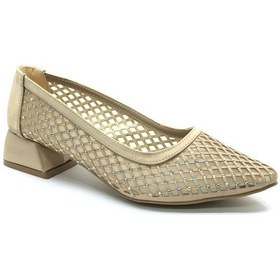 Resim Seribo Dantel Taş Detaylı Kısa Topuklu Kadın Babet Ayakkabı Altın 