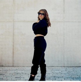 Resim Crop Takım Kapüşonlu Üç Iplik Kalın Polarlı Eşofman Takımı- Siyah 