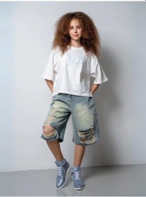 Resim Kız Çocuk Yırtık Denim Kot Şort-15784 Mavi 
