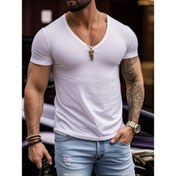 Resim Erkekler için Rahat Yazlık V Yaka T-Shirt - Beyaz, Kısa Kollu, Hafif, Esnek Kumaş, Rahat Stil, Günlük Tshirt | Minimalist Stil | Konforlu Uygunluk 