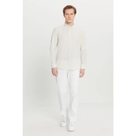 Resim Altınyıldız Classics Erkek Beyaz-Bej Pamuklu Tailored Slim Fit Dar Kesim Düğmeli Klasik Yaka Çizgili Gömlek 