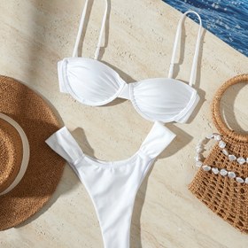 Resim Yeni Avrupa ve Amerika Bikini Düz Renk Tatil Bölünmüş Plaj Bikini 