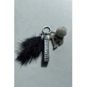 Resim AEA Gümüş Baget & Gümüş Disko Top & Gümüş Harf & Siyah Tüy Anahtarlık 