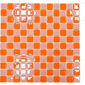 Resim MozaiKristaL Tüm Yüzeyleri Için 25X25MM. Turuncu-Pembe Damalı 31,5X31,5CM. Fileli Cam Mozaik ( 5 File Karo Fiyatıdır ) 