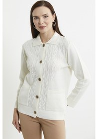 Resim Cep Detaylı Düğmeli Yünlü Triko Hırka - Kemik 001 