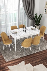 Resim Canisa Concept Kor Serisi 70x114 Açılabilir Mutfak Masası Takımı Beyaz Mermer Desen Masa 6 Cappucino Sandalye 