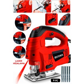 Resim Steiner Alman 4600 W Lazerli Sjs Metal Şanzuman 6 Kademe Devirli Pandül Ayarlı Dekupaj Testere Makinesi 5 Uç Kırmızı 