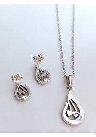 Resim Gümüş Markazit Taşlı Otantik Lale Tasarım Kadın Set Kolye Küpe 
