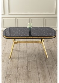 Resim Canisa Epal Serisi 90x168 Lak Panel Siyah Mermer Desen Masa Takımı Gold Ayaklı 6 Gri Sandalye Masa Siyah Mermer Desen Sandalye Gri 