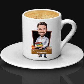 Resim Beyaz Gömlekli Öğretmen Karikatürlü Kahve Fincanı 