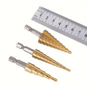 Resim 3 adet Titanyum Kaplamalı HSS Adım Matkap Seti, Yüksek Hızlı Çelik Malzeme, Ahşap ve Metal Matkapçılığı İçin İdeal 