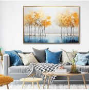 Resim Yağlı Boya Dokulu Tablo Soyut Renkli Ağaçlar Manzara Altın Çerçeveli U01011-178851 