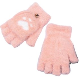 Resim Yarım Parmaklı Çevirmeli Eldiven Peluş Sevimli Kedi Patisi Kızlar Açık Parmaklı Yün Sıcak Tutar 