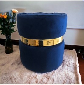 Resim Yaren Home Dizayn Puf Lüks Silinebilir Kumaş Kapitoneli Gold Detaylı Lacivert 