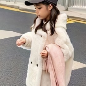 Resim SHANYANANER Kızlar İçin Kışlık Mont - Uzun Resmi Görünümlü Dış Giyim, Şık Pembe, Düğmeli Kapama, Makinede Yıkanabilir Esnek Olmayan Kumaş Günlük ve Özel Günler İçin (Kış), Çocuk Modası, Mevsimsel Stil, Bol Kesim, Sahte Kürklü Detaylı, Şık Kışlık Giysi 