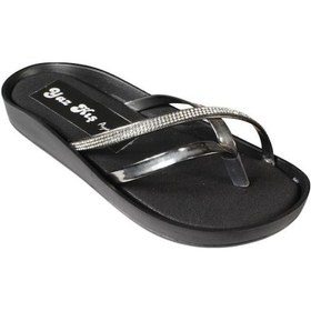 Resim Yazkış Kadın Siyah Rugan Üzeri Taşlı Parmak Arası Terlik Platin 