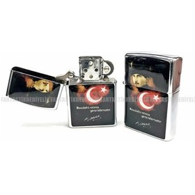Resim Mustafa Kemal Atatürk Türk Bayrağı Gümüş Renk Benzinli Çakmak 