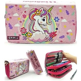 Resim Unicorn Temalı Pembe Kalem Kutusu, Vegan Deri Tasarım 124-Pembe 