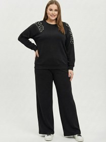 Resim Kadın Büyük Beden Uzun Kollu Taş İşlemeli Modal Eşofman Takımı 8250-26 - XL / Siyah Mat 