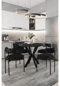 Resim Avvio Larissa Teddy Sandalye 90x90 Yuvarlak Yemek Masası Mutfak Masası 4 Kişilik Masa Sandalye Takımı Siyah Mermer 