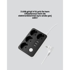 Resim K-Yonlineticaret 3 USB Çıkışlı 4’lü Akıllı Priz 2500W 2 Metre Kablo 