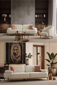 Resim Velura Home & Living Berin Koltuk Takımı 3 1 & Mekanizmalı Genişleyebilir Yataklı Koltuk - Krem Bukle Kumaş 