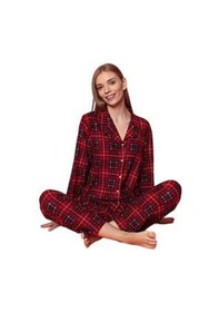 Resim Manolya Kadın Gömlek Yaka Boydan Düğmeli Uzun Kollu Süet Pijama Takımı Bordo 