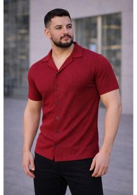 Resim Erkek Waffle Kumaş Kısa Kollu Düğmeli Açık Yaka Regular Fit Gömlek - Kırmızı Kırmızı 