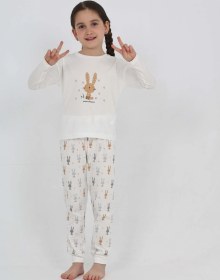 Resim Toontoy Kız Çocuk Tavşan Baskılı Pijama Takım Ekru 