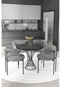 Resim Avvio Metal Teddy Sandalye 90x90 Yuvarlak Kum Saati Ayak Mutfak Masası Takımı Yemek Masası Takımı Siyah Mermer Avvios6204 