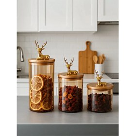 Resim 3'lü Bambu Kapaklı Cam Geyik Figürlü Çizgili Mutfak Seti 
