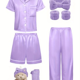 Resim 3 Parça Kız Alev Gecesi Seti - Bej Kısa Kollu Yaka Hırka Üstü Göğüs Cebi ile, Eşleşen Şort & Uzun Pantolon, Bahar/Sonbahar için Rahat Ev Giyimi, Makinede Yıkanabilir 