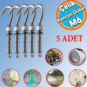 Resim Nzb Kancalı Çelik Dübel M6 (5 Adet) Salıncak Boks Torbası Avize Için Gömlekli Açık Ağız Kanca 