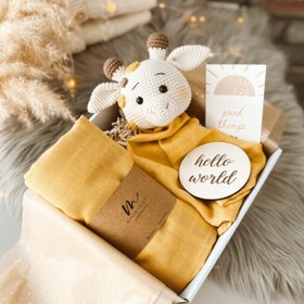 Resim Amigurumi Müslin Yenidoğan Bebek Seti Zürafa - Hediye Kutusu 