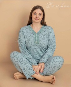 Resim Pijamerry Kadın Büyük Beden Dantel Yaka Bambu Uzun Kol İnce Pijama Takımı 5671 - 1 Adet Yeşil 