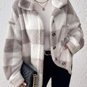 Resim Kadın Şık Ekose Polar Ceket - Yumuşak Kahverengi & Ekose Desenli, Ön Düğmeli, Uzun Kollu Kışlık Ceket, Sonbahar & Kış İçin, Günlükten Formale Kıyafetlere Uygun - Kadınlar İçin Rahat Dış Giyim, Bayan Kışlık Montlar, Sonbahar Modası, Şık Mont 