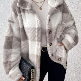 Resim Kadın Şık Ekose Polar Ceket - Yumuşak Kahverengi & Ekose Desenli, Ön Düğmeli, Uzun Kollu Kışlık Ceket, Sonbahar & Kış İçin, Günlükten Formale Kıyafetlere Uygun - Kadınlar İçin Rahat Dış Giyim, Bayan Kışlık Montlar, Sonbahar Modası, Şık Mont 