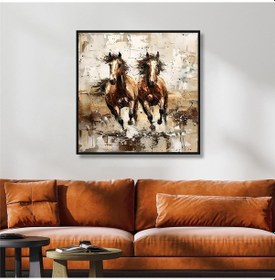 Resim Yağlı Boya Dokulu Tablo Koşan Kahverengi Atlar Siyah Çerçeveli U04026-178940 