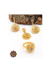 Resim Firuze Taşlı Gül Model Kadın Gold Kaplama 925 Ayar Gümüş Telkari Üçlü Set 201025482 Altın 