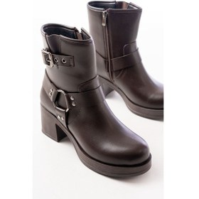 Resim 5109-3042 Kahverengi Toka Aksesuarlı Fermuarlı Kalın Topuklu Günlük Kadın Bot Acı Kahverengi 