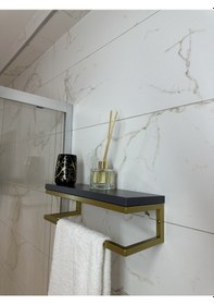 Resim Fulya Banyo Ahşap Raflı Gold Metal Havlu Şal Askılık Antrasit Raf Gold 