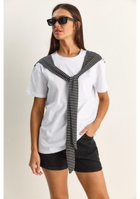 Resim Shade Kadın Çizgili Şal Detaylı Relaxed Basic T-shirt 7679 60286112 - Beyaz 