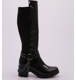 Resim Dgn Kadın Bilek Tokalı Zincir Detaylı Arkası Stretch Topuklu Çizme 707-1557-R1645 Siyah Rugan 