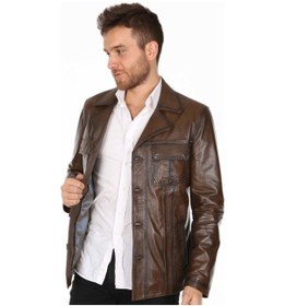 Resim Hakiki Kuzu Derisi Düğmeli Dikiş Detaylı Kahverengi Ceket Erkek Deri Ceket Kahverengi 