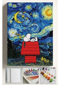 Resim Sayılarla Boyama Seti Numaralı Tuval Fırça Boya 40x50 Cm - Yıldızlı Gece Snoopy 